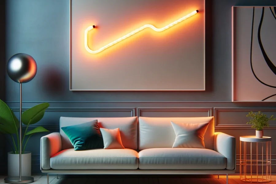 DALL·E 2024 05 29 20.02.09 A modern and stylish image of a neon wall light in a contemporary interior setting. The neon light should have a sleek design and be mounted on a wall