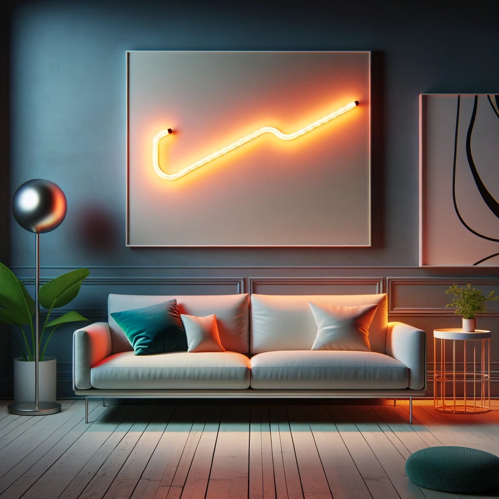 DALL·E 2024 05 29 20.02.09 A modern and stylish image of a neon wall light in a contemporary interior setting. The neon light should have a sleek design and be mounted on a wall