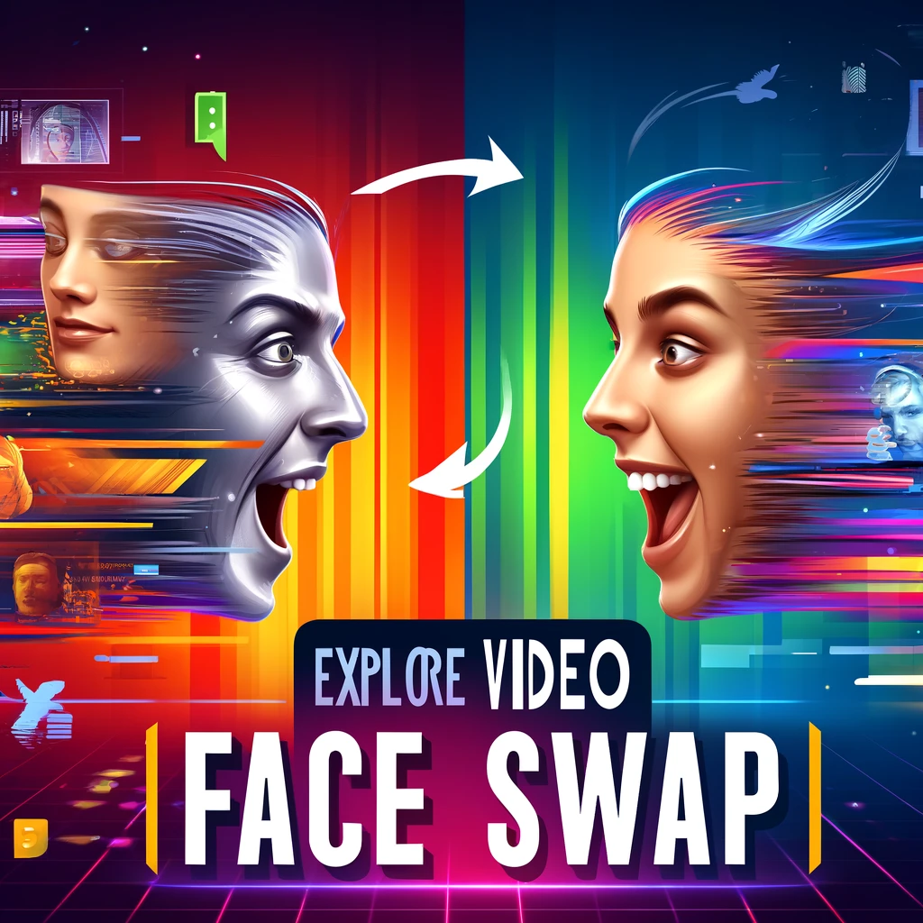 DALL·E 2024 12 02 20.13.08 A dynamic and eye catching thumbnail for a video face swap article featuring two faces mid swap with animated expressions and realistic detailing. Th